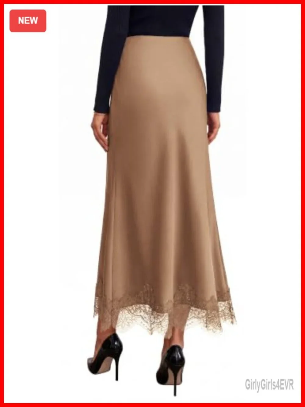Satin A-Line Maxi Skirt High Waisted Lace Trim Ankle Length